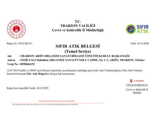 TRABZON ARSİN OSB SIFIR ATIK BELGESİNİ ALMAYA HAK KAZANDI